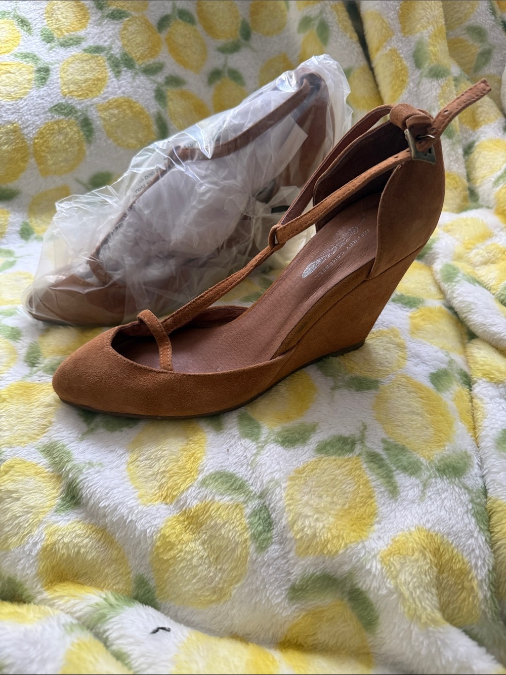Jeffrey Campbell Tan Suede T-Strap Wedge Heels